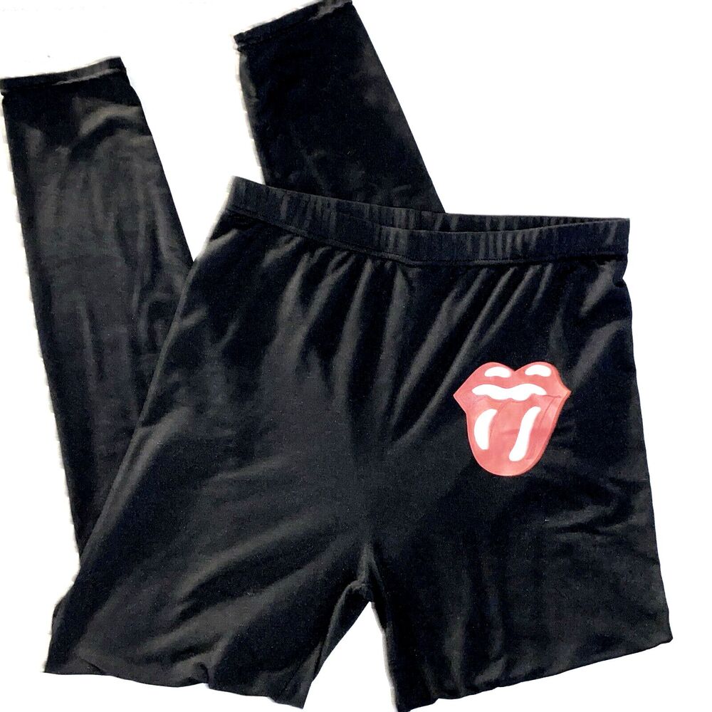 AQ SPORT WOMENS LEGGINGS BLACK ROLLING STONES LIPS XL
